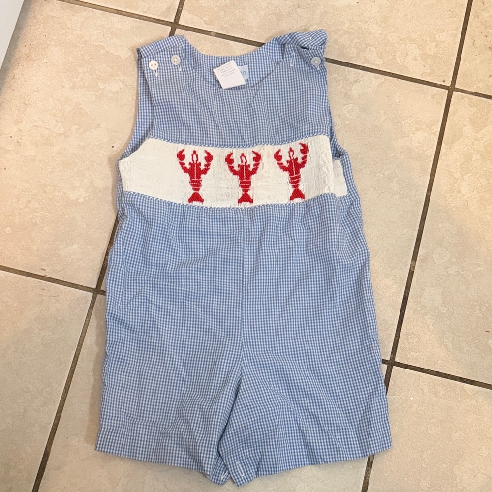 Blue Gingham Romper with Red Lobster Embroidery